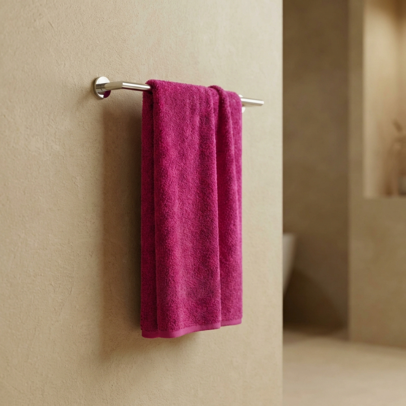 Fuchsia hotel handdoek aan rekje