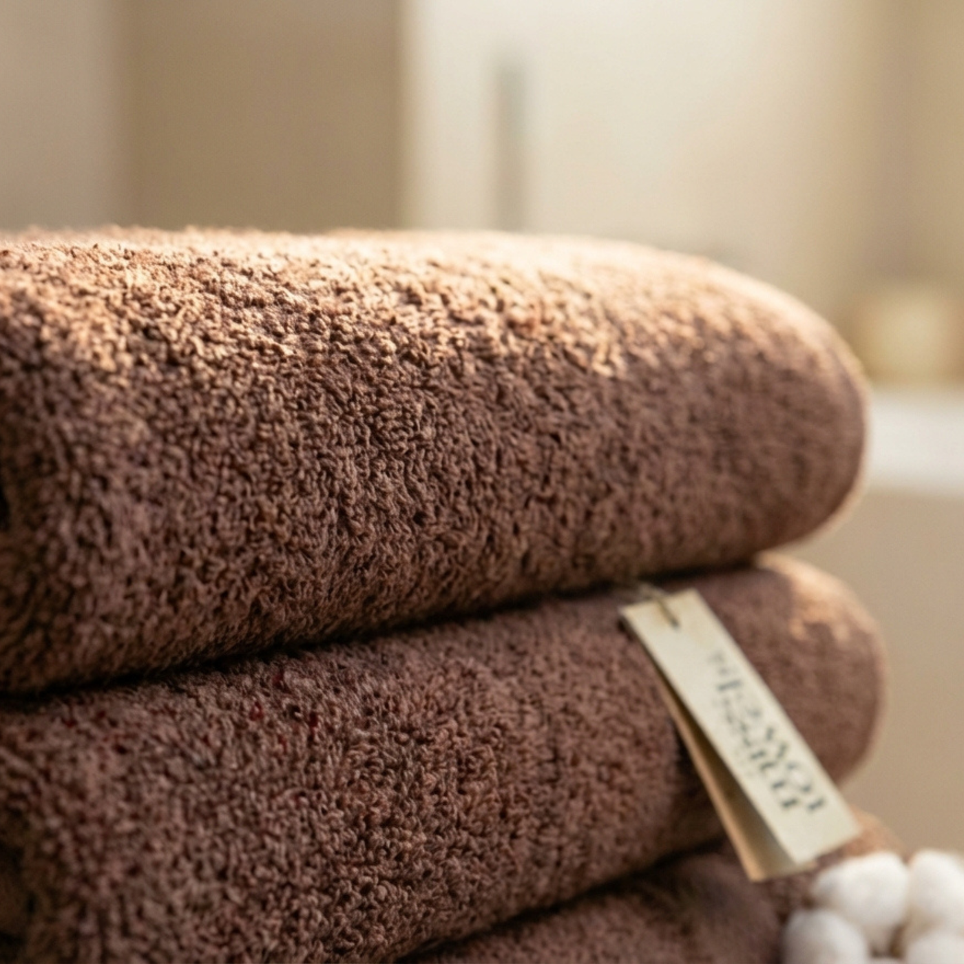 Stapel dikke zachte chocolade bruine hotel handdoeken