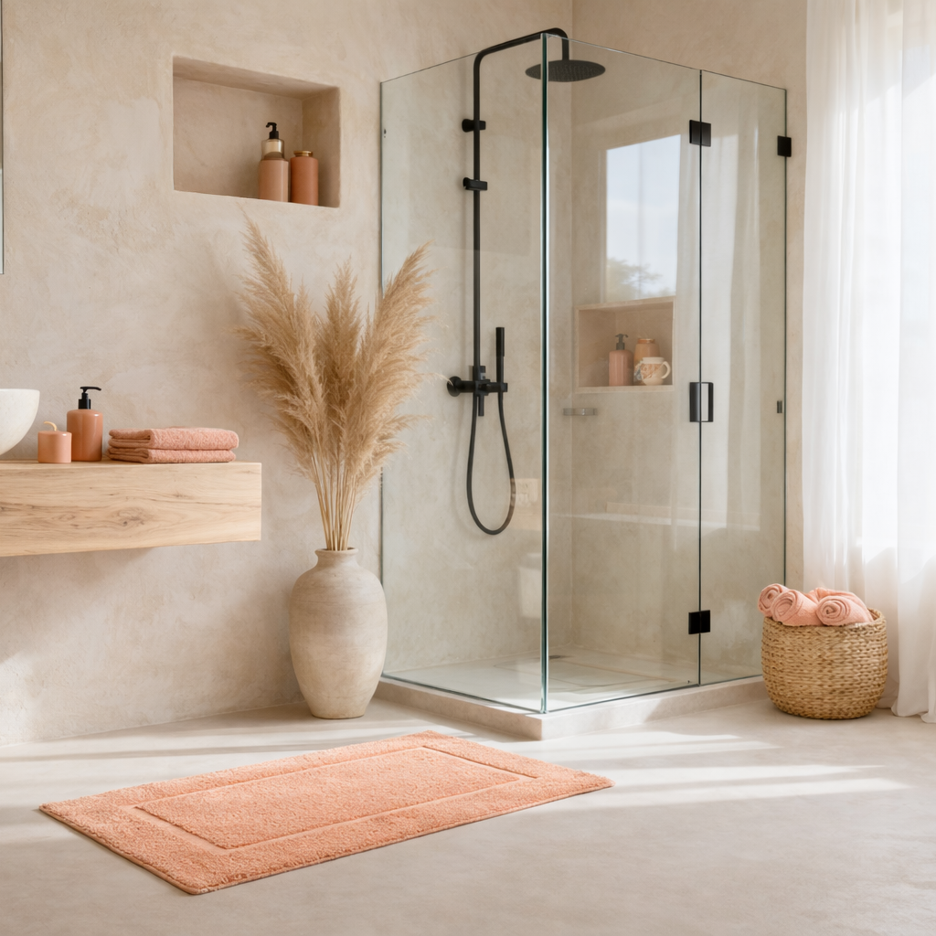 Badkamer met zalm roze luxe hotel badmat